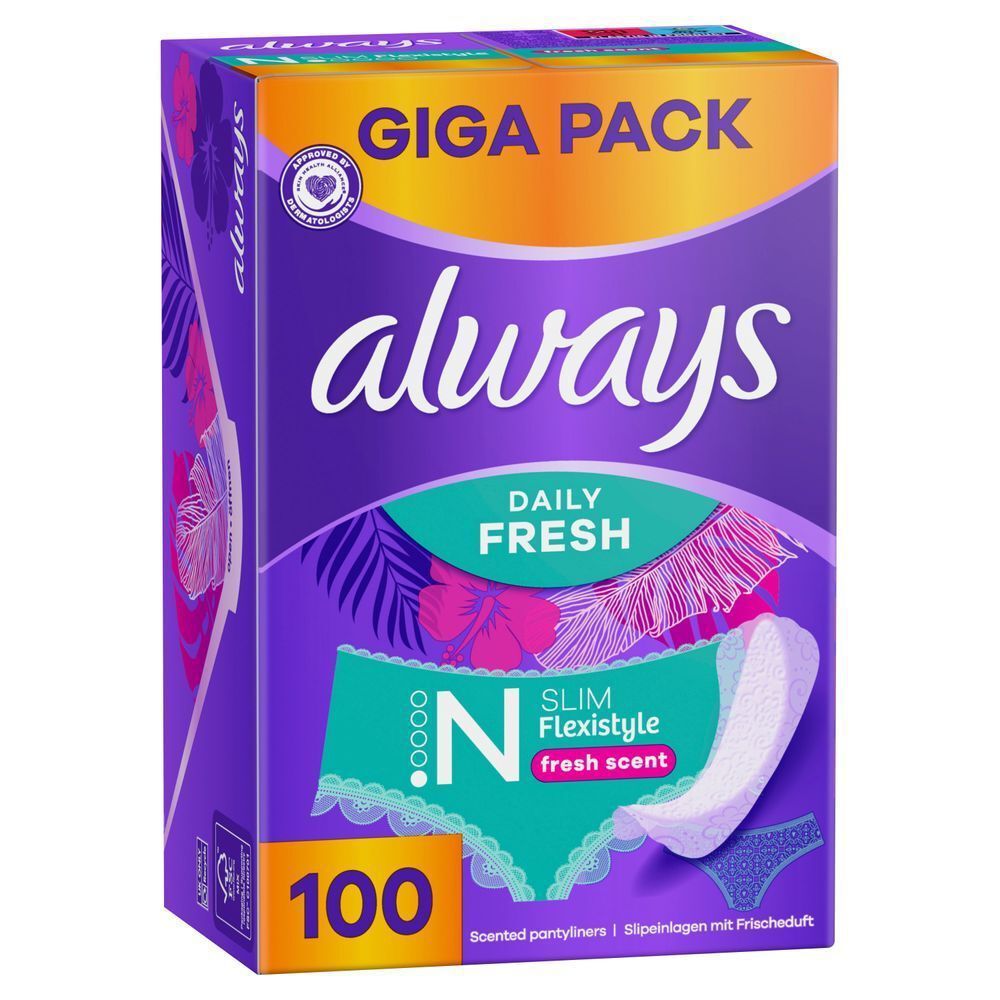 Always Daily Fresh Slipeinlagen Giga Pack mit 100 Stück, Slim Flexistyle und Frischeduft.;