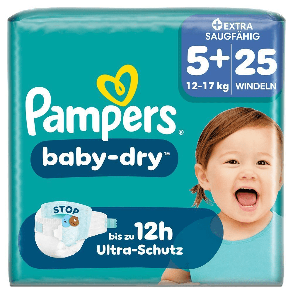Pampers Baby-Dry Windeln, Größe 5+, 25 Stück, mit bis zu 12 Stunden Ultra-Schutz.
