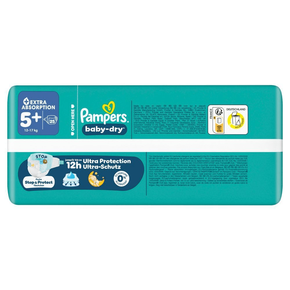 Pampers Baby-Dry Windeln, GrÃ¶Ãe 5+, 25 Windeln. Mit dem Aufdruck "bis zu 12 Stunden Ultra-Schutz".