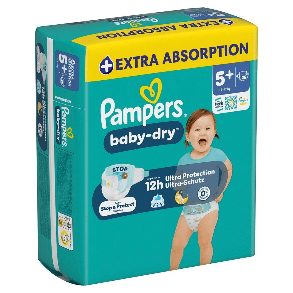 Pampers baby-dry Windeln, GrÃ¶Ãe 5+ Extra Absorption, 25 Windeln. Mit dem Aufdruck "bis zu 12h Ultra-Schutz".