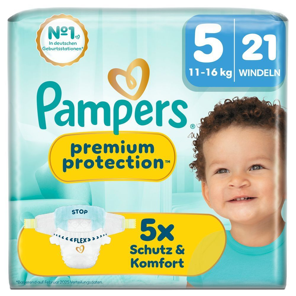 Pampers Premium Protection Windeln, Größe 5, 21 Windeln, mit der Aufschrift "5x Schutz & Komfort".
