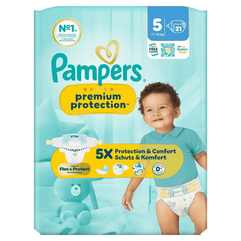 Pampers Premium Protection Windeln, Größe 5, 21 Windeln. Mit dem Aufdruck "5x Schutz & Komfort".;