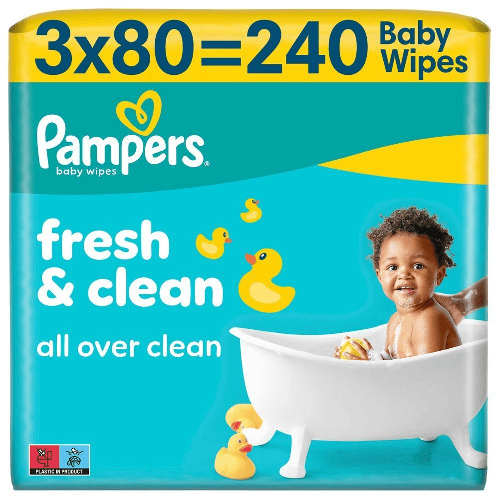 Pampers Fresh & Clean FeuchttÃ¼cher, 3x80 = 240 StÃ¼ck, fÃ¼r eine grÃ¼ndliche und zart duftende Reinigung. [HR] Pampers Baby Wipes, pakiranje 3x80=240 komada, za svjeÅ¾e i Äisto. [CS] Pampers dÄtskÃ© ubrousky fresh & clean, balenÃ­ 240 ks. [HU] Pampers baba tÃ¶rlÅkendÅ csomagolÃ¡s, 240 darabos kiszerelÃ©s. [SK] Pampers vlhÄenÃ© obrÃºsky, balenie 3x80=240 ks, fresh & clean. [SL] Pampers otroÅ¡ki robÄki, pakiranje 3x80=240, sveÅ¾e in Äisto.