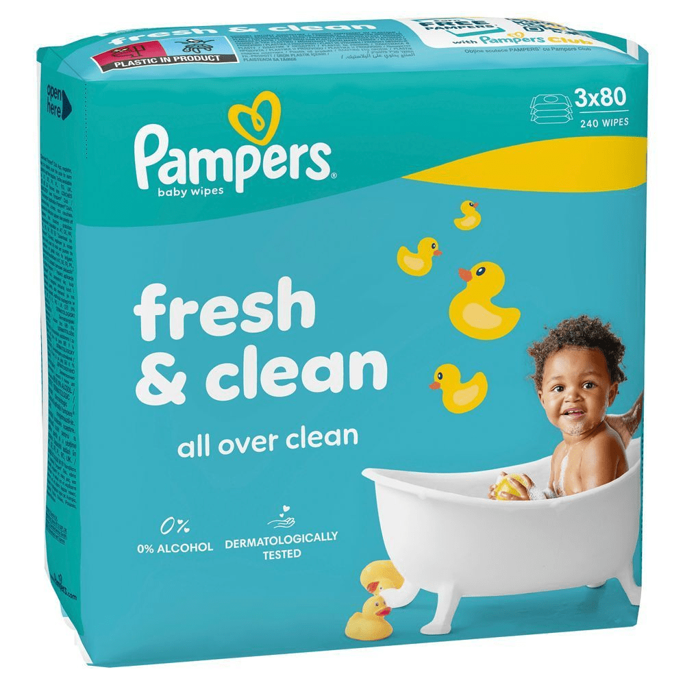 Pampers Fresh & Clean FeuchttÃ¼cher im 3x80er Pack, hervorgehoben ist die Aussage dermatologisch getestet. [HR] Pampers vlaÅ¾ne maramice fresh & clean, 240 komada, 0% alkohola. [CS] Pampers dÄtskÃ© ubrousky Fresh & Clean, 240 ks, bez alkoholu. [HU] Pampers fresh & clean babatÃ¶rlÅkendÅ, 240 db-os kiszerelÃ©s. [SK] Pampers Fresh & Clean detskÃ© utierky, 240 ks, dermatologicky testovanÃ©. [SL] Pampers vlaÅ¾ilni robÄki Fresh & Clean, 240 kosov, dermatoloÅ¡ko testirani.