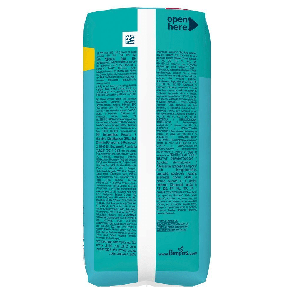 Pampers-Verpackung mit dem Hinweis, die Pampers Club App herunterzuladen und Punkte fÃ¼r Gratis-Windeln zu sammeln. [HR] Pampers pakiranje, istiÄe 0% alkohola i dermatoloÅ¡ki testirano. [CS] Pampers plenky, obal s tvrzenÃ­m 0% alkohol a dermatologicky testovÃ¡no. [HU] Pampers csomagolÃ¡s 0% alkohol Ã©s bÅrgyÃ³gyÃ¡szatilag tesztelt Ã¡llÃ­tÃ¡ssal. [SK] Pampers balenie s tvrdenÃ­m 0% alkohol, dermatologicky testovanÃ©. [SL] Pampers embalaÅ¾a plenic, poudarja 0% ALKOHOLA in DERMATOLOÅ&nbsp;KO TESTIRANO.