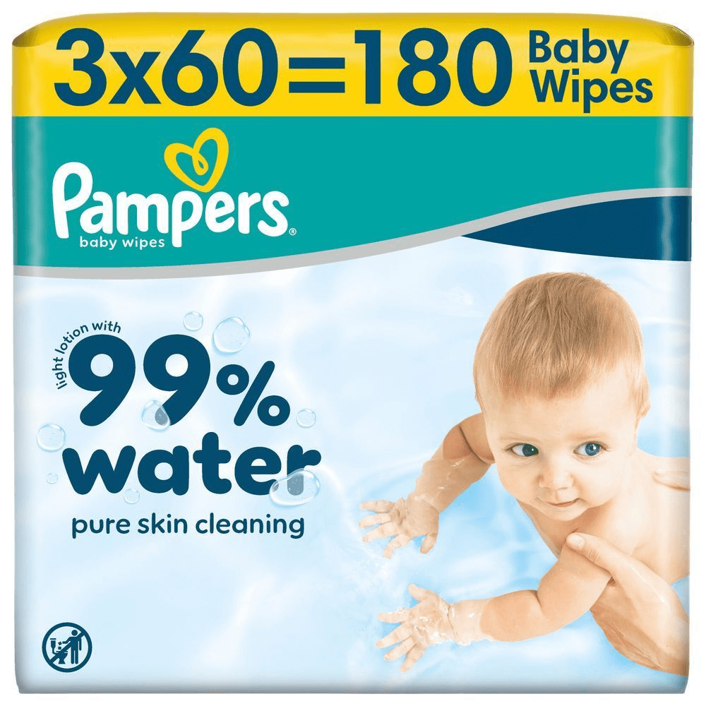 Pampers 99% Water Feuchttücher, 3x60=180 Stück, mit leichter Lotion mit 99% Wasser für eine natürliche Hautreinigung. [EN] Pampers Baby Wipes 180 count packaging, highlighting 99% water for pure skin cleaning. [RO] Pachet de șervețele umede Pampers Baby Wipes, 3x60 (180 bucăți), cu loțiune delicată și 99% apă pentru curățarea delicată a pielii. [SV] Pampers Baby Wipes, 3x60=180-pack, framhäver att de är gjorda med 99% vatten för skonsam rengöring. [HR] Pampers vlažne maramice 180 kom, s 99% vode za čisto čišćenje kože. [CS] Pampers dětské ubrousky, 180 ks, s 99% vody pro čistou pokožku. [HU] Pampers baba törlőkendők 99% vízzel a tiszta bőrtisztításért, 180 db. [SK] Pampers vlhčené obrúsky (180 ks) s 99% vody. [SL] Pampers vlažilni robčki, 180 kosov, s 99% vode za čisto kožo. [FI] Pampers-vauvanpyyhkeet, pakkauskoko 3 x 60 = 180, korostaen, että ne sisältävät 99 % vettä ja puhdistavat hellävaraisesti ihoa. [NO] Pampers Baby Wipes, 3x60=180 pakke, med fremhevet tekst 99% vann for ren hud.