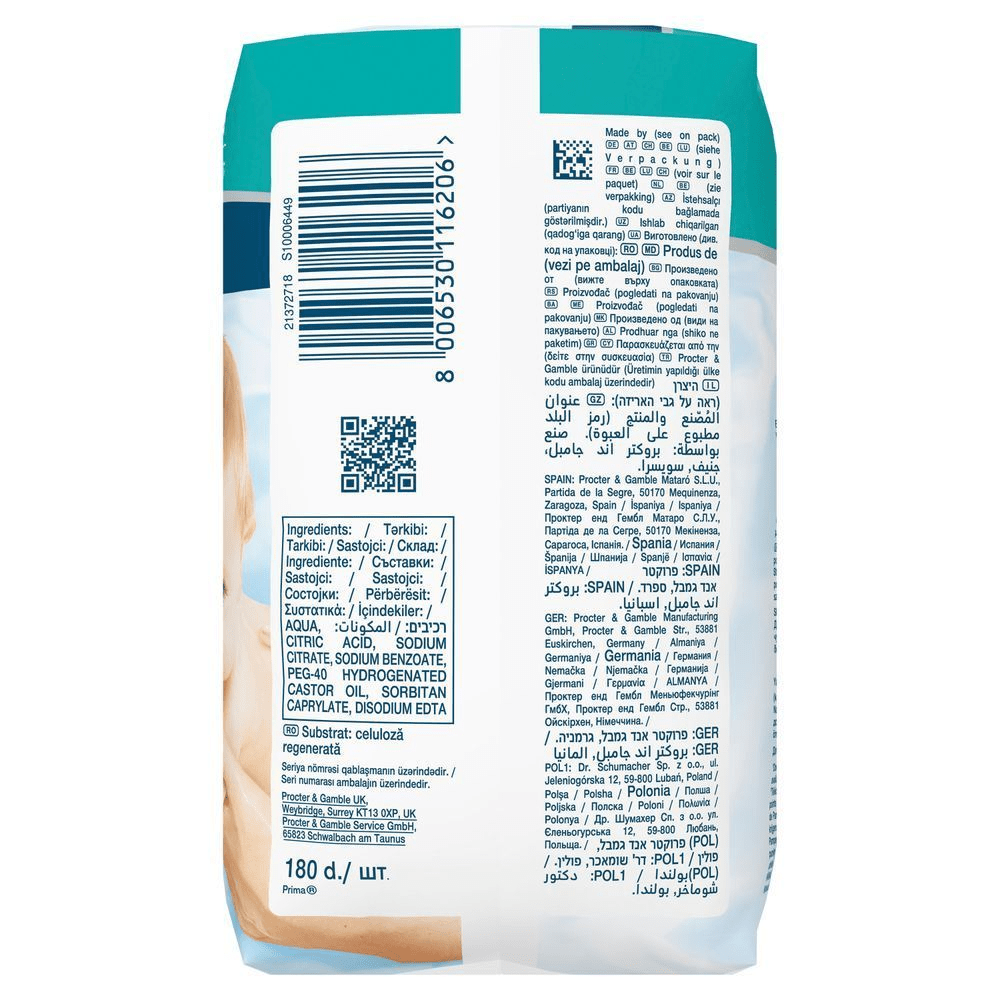Pampers Feuchttücher Verpackung mit Zutatenliste und Herstellerinformationen in mehreren Sprachen. [EN] Pampers Prima wipes packaging, highlighting the 180 count. [RO] Pachet Pampers de șervețele umede, evidențiind lista de ingrediente incluzând Aqua și Acid Citric. [SV] Pampers Baby Wipes-förpackning som visar tillverkningsinformation och ingredienser på flera språk. [HR] Pampers pakiranje s istaknutom količinom od 180 komada. [CS] Pampers vlhčené ubrousky, balení 180 kusů. [HU] Pampers nedves törlőkendő csomagolás, 180 darabos kiszerelés. [SK] Pampers vlhčené obrúsky, balenie 180 ks. [SL] Pampers vlažilni robčki, embalaža zadaj s črtno kodo in oznako 180 kosov. [FI] Pampers-kosteuspyyhkeiden pakkaus, jossa näkyy tuotteen ainesosaluettelo ja valmistajan tiedot eri kielillä. [NO] Pampers-pakning som viser ingredienslisten og informasjon om produsenten på flere språk.