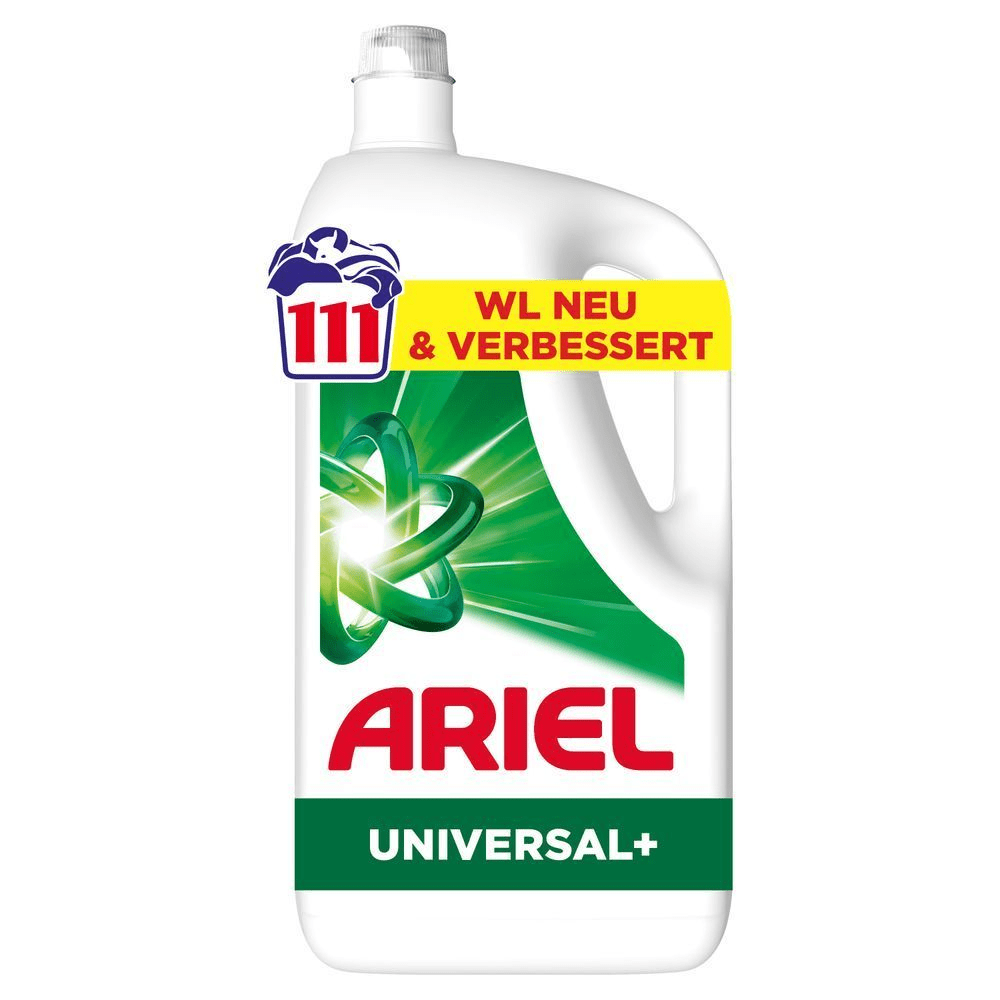 Ariel Flüssigwaschmittel, Universal+, 100 Wäschen, 111 WL Neu & Verbessert, Vorderseite, Fleck-Weg-Power beim 1. Waschen selbst in kaltem Wasser.
