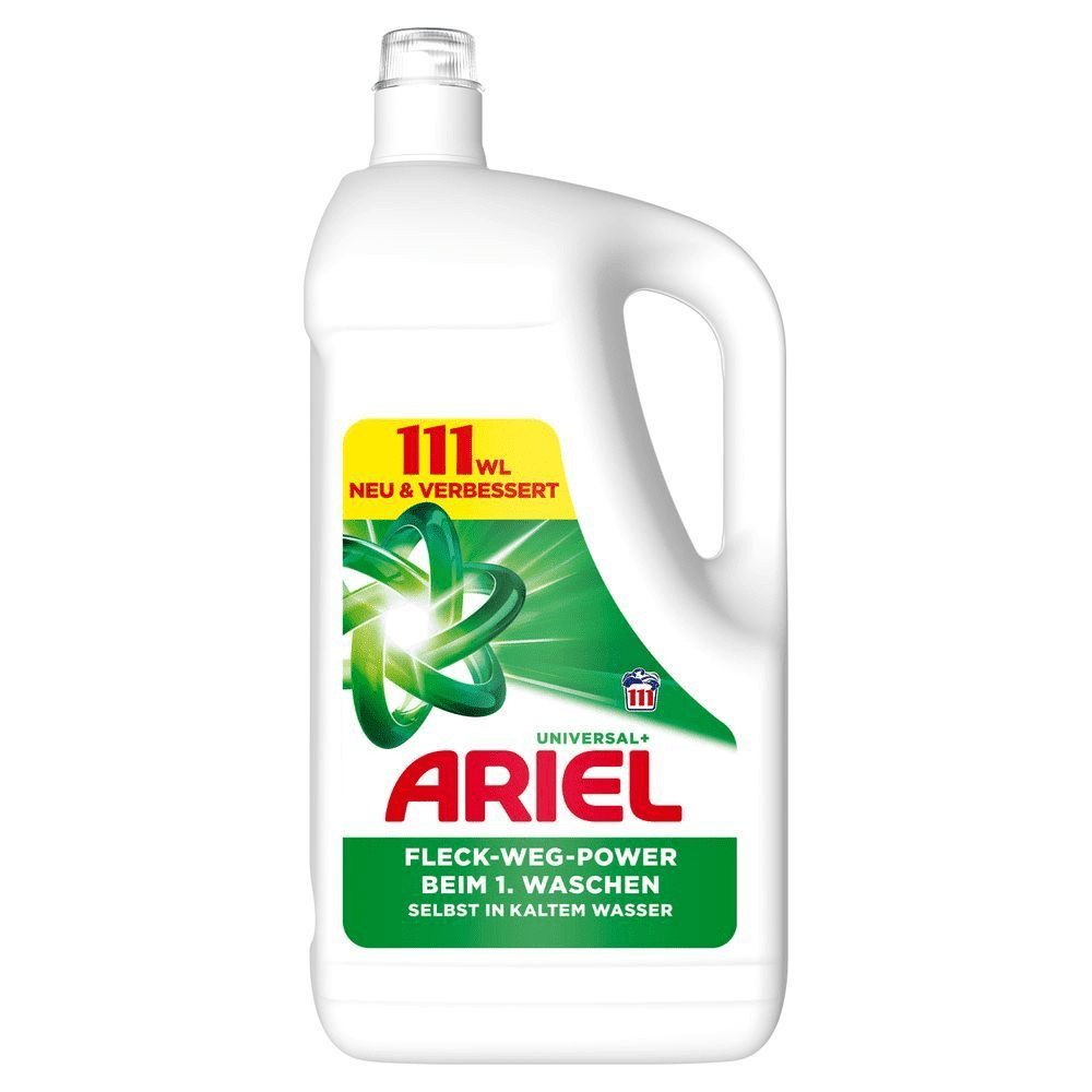 Ariel Flüssigwaschmittel, Universal+, 111 WL Neu und verbessert, Vorderseite, Fleck-Weg-Power beim 1. Waschen selbst in kaltem Wasser. [IT] Ariel Universal+ liquido per bucato, confezione da 111 lavaggi, ora nuovo e migliorato.
