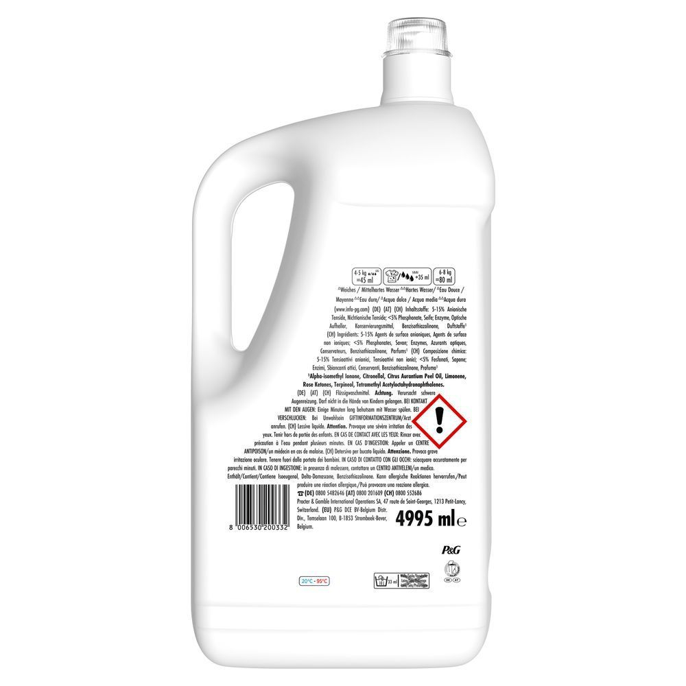 Ariel Flüssigwaschmittel, 4995 ml Flasche, Dosieranleitung für unterschiedliche Wasserhärten und Trommelbeladungen. Warnhinweis zu den Inhaltstoffen, Recycling Symbol, Kontaktdatenwerden angezeigt. [IT] Ariel detersivo liquido professionale, confezione da 4995 ml, con avvertenze di sicurezza per irritazione agli occhi.