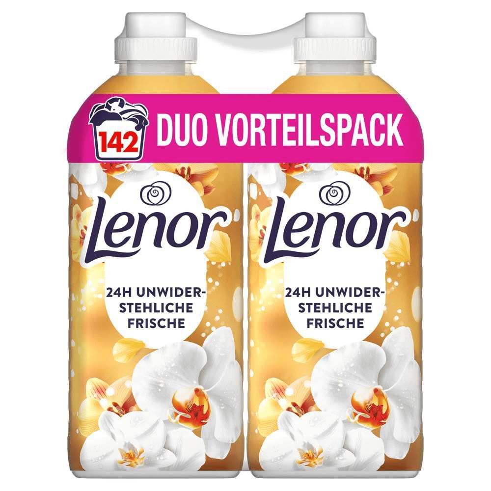 Lenor Weichspüler Goldene Orchidee Duo Vorteilspack mit 24H unwiderstehlicher Frische, beworben für 142 Waschladungen.
