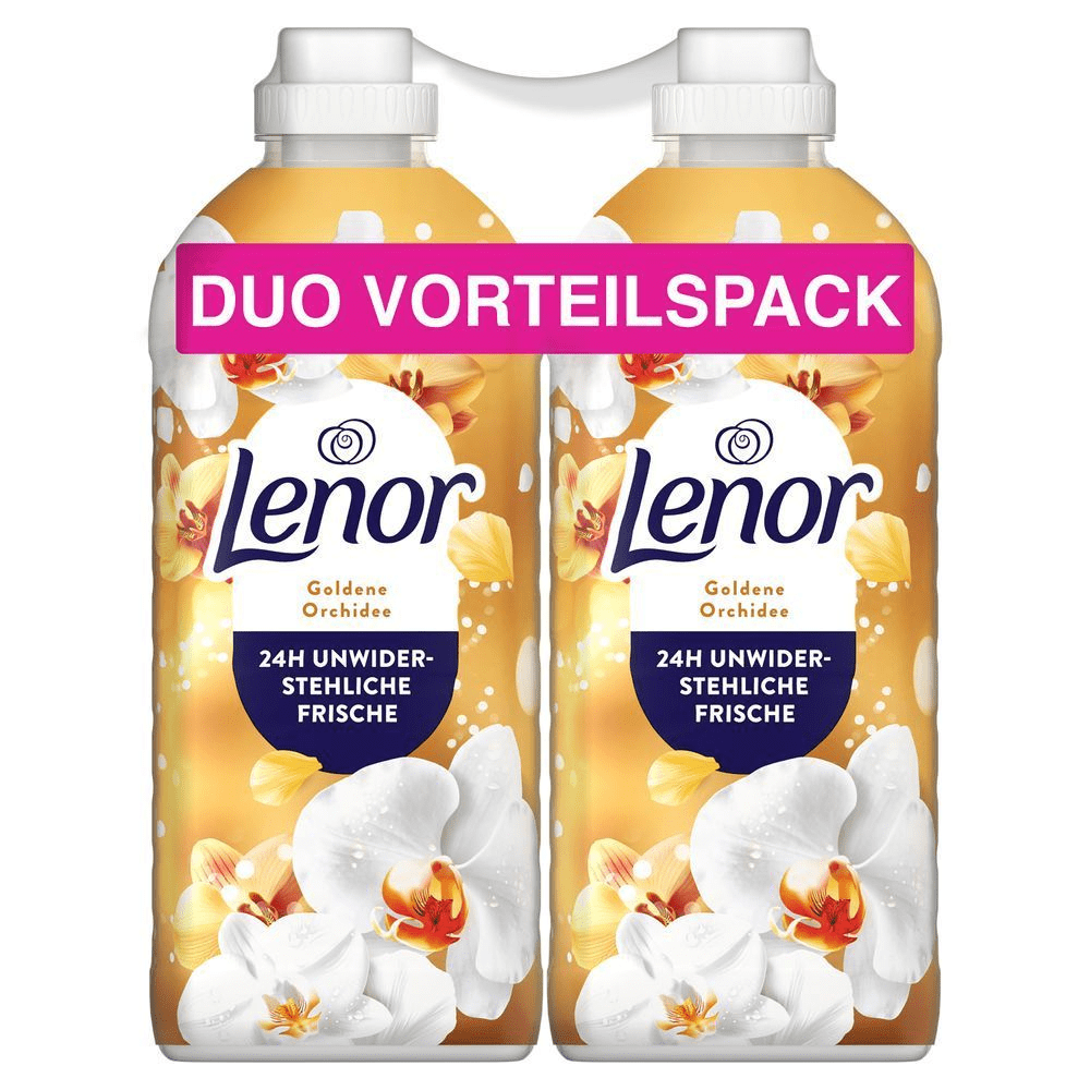 Lenor Weichspüler Goldene Orchidee Duo Vorteilspack, beworben mit 24H Unwiderstehliche Frische.