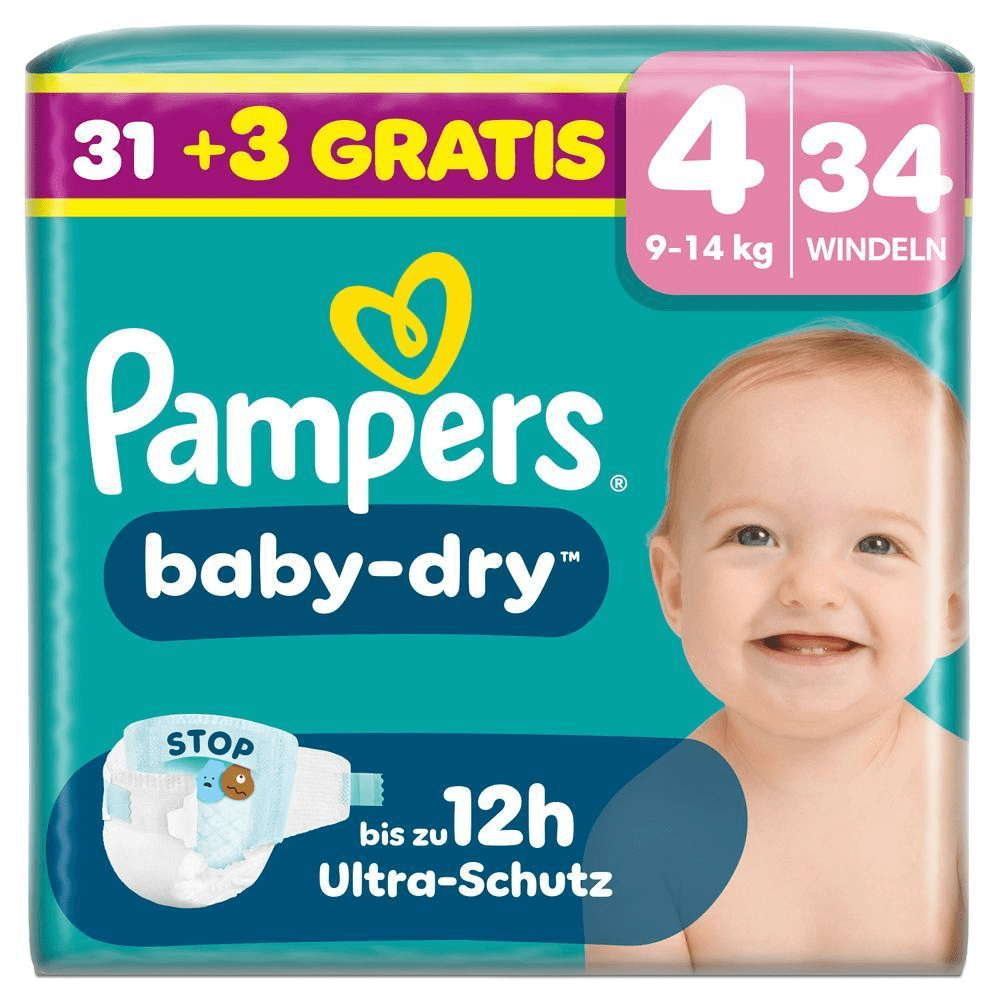 Pampers Baby-Dry Windeln Gr. 4, 9-14 kg, 34 Stück, 3 gratis und bis zu 12h Ultra-Schutz.