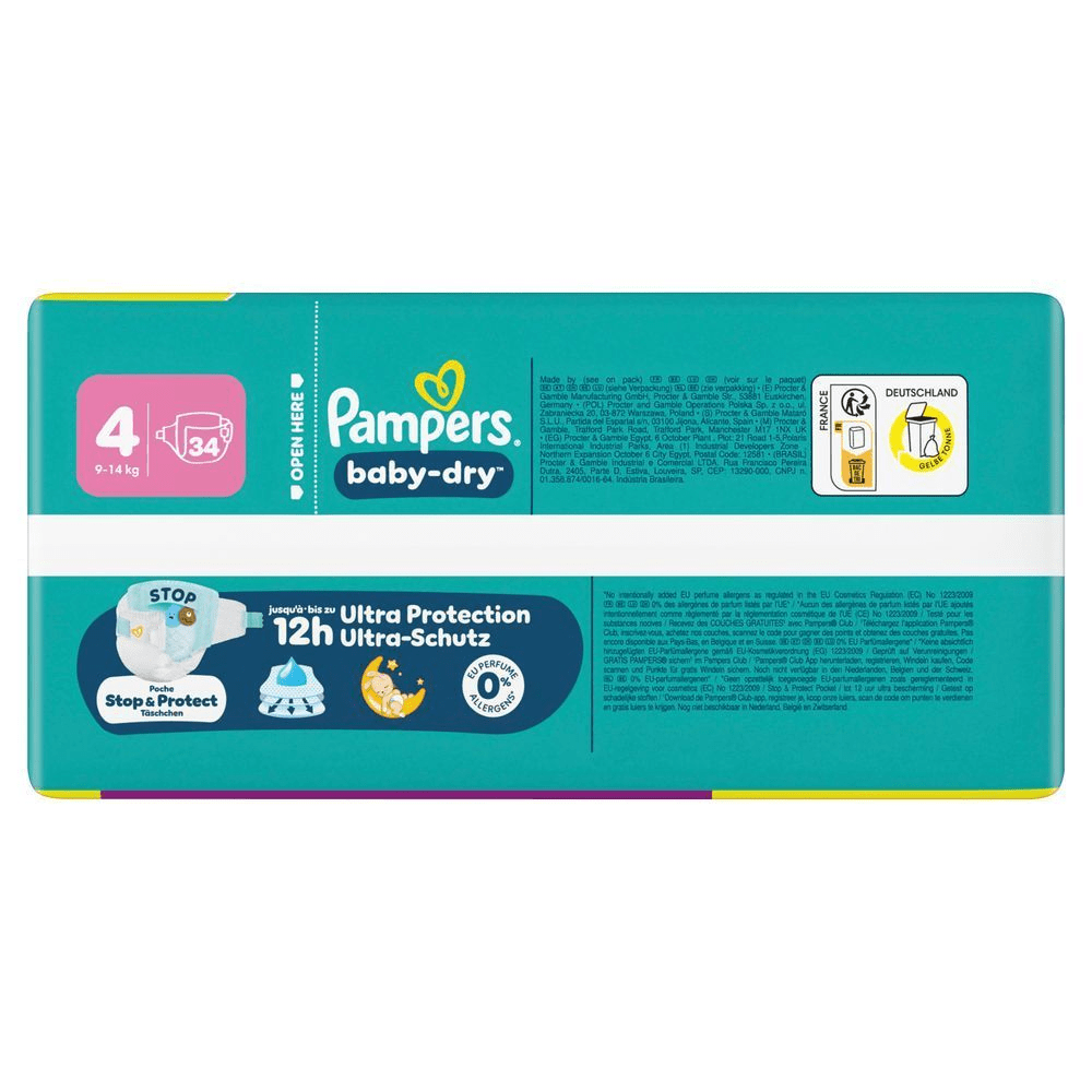 Pampers baby-dry Windeln GröÃe 4, 34 Stück: bis zu 12h Ultra-Schutz & 0% EU Parfum Allergene.
