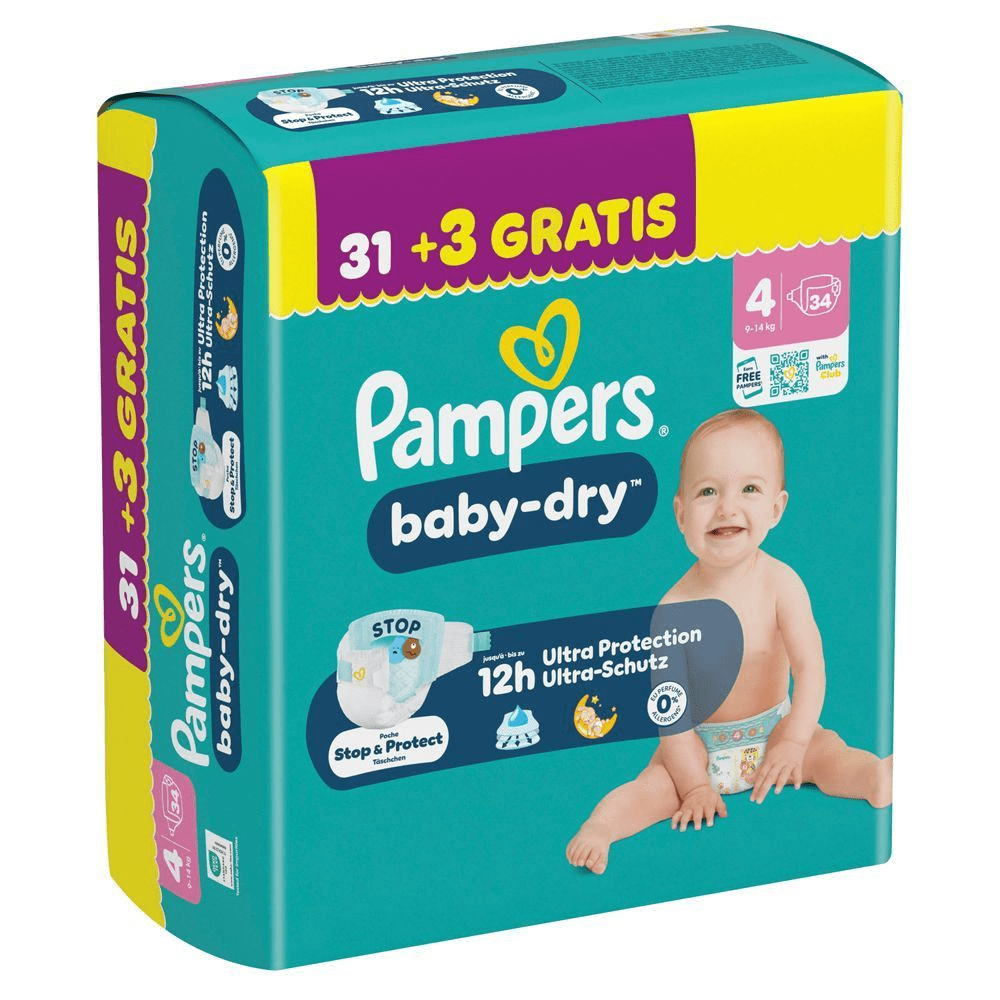 Pampers baby-dry Windeln, GröÃe 4 (34 Stück, 31 + 3 gratis), bis zu 12h Ultra-Schutz.