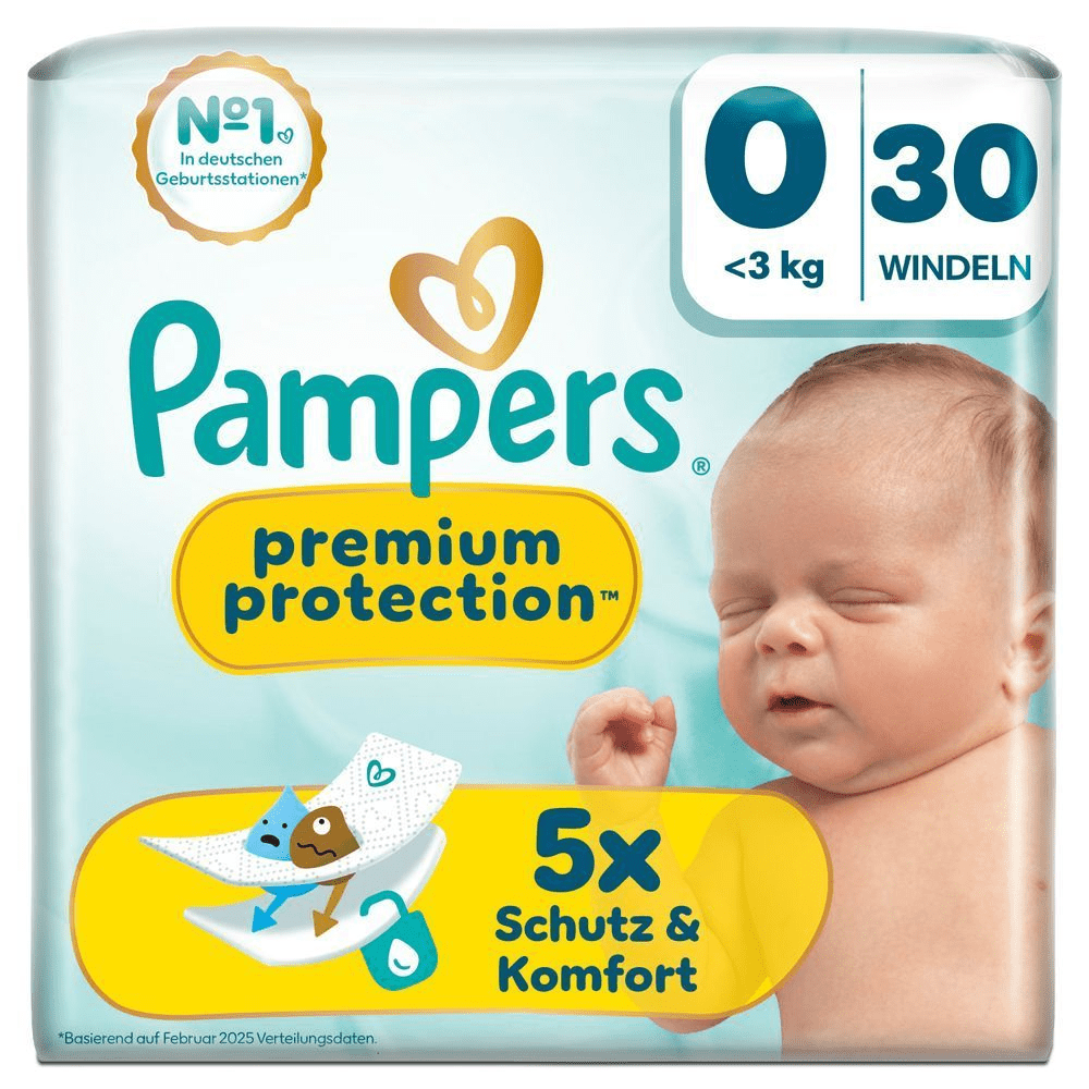 Pampers Premium Protection Windeln Größe 0, Packung mit 30 Stück, mit dem Aufdruck "5x Schutz & Komfort". [IT] Pampers Premium Protection taglia 0, confezione da 30 pannolini per neonati fino a 3 kg, con 5 volte protezione e comfort.;