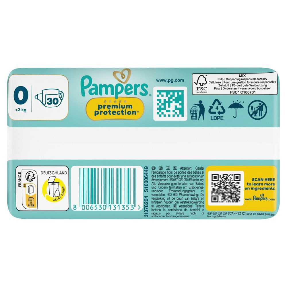 Pampers Premium Protection Windeln, Größe 0, 30 Windeln. [IT] Pampers Premium Protection nella confezione che evidenzia la protezione premium a cinque stelle per i neonati fino a 3 kg.;