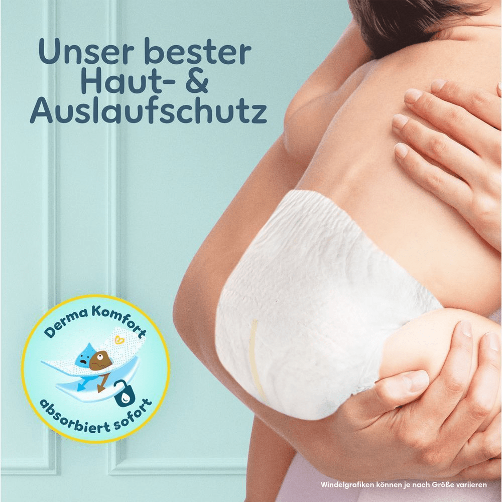 Baby wird im Arm gehalten und trägt eine Pampers Premium Protection Windel für unseren besten Haut- & Auslaufschutz.