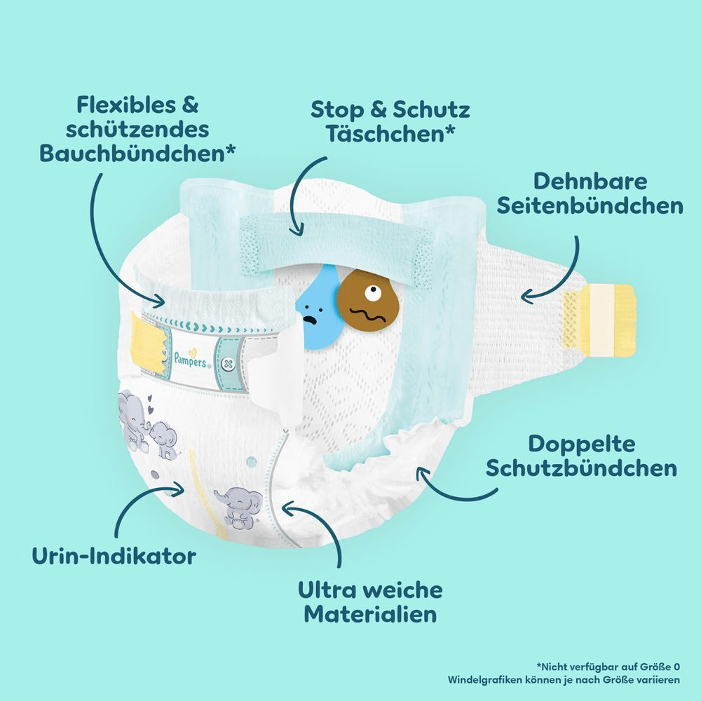 Pampers Premium Protection Windel Abbildung, hervorgehoben werde die einzelnen Produktvorteile der Windel.