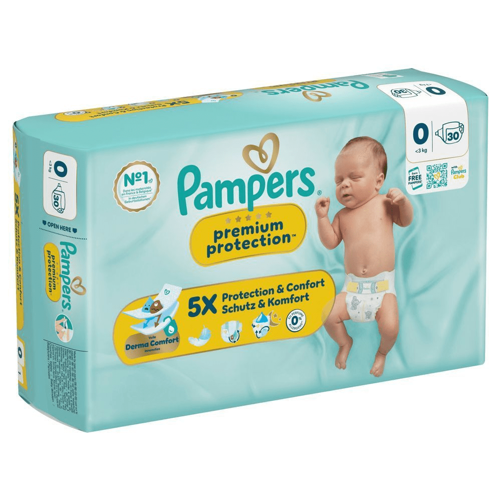 Pampers Premium Protection Windeln, Größe 0, mit dem Hinweis 5X Schutz & Komfort.