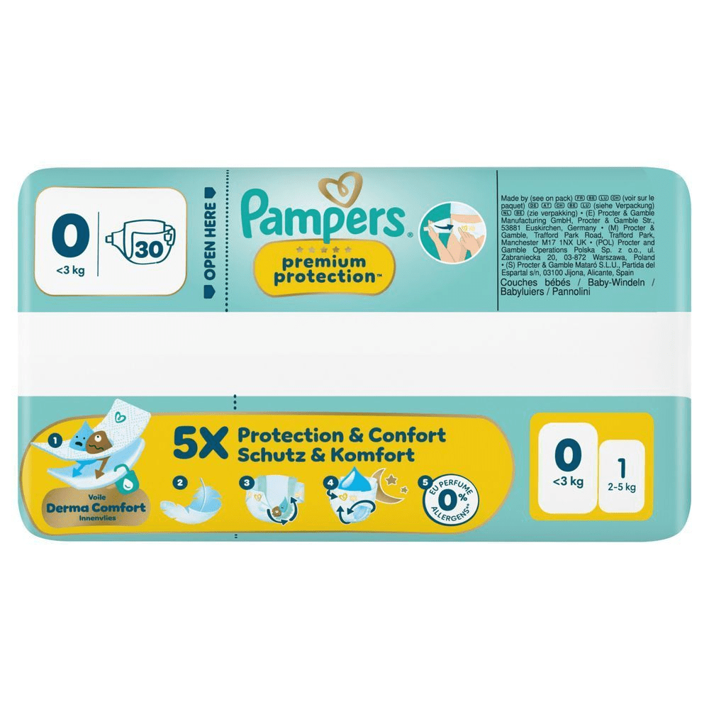 Pampers Premium Protection Windeln, Größe 0, mit Hervorhebung der 5-fachen Schutz- und Komfort-Formel.