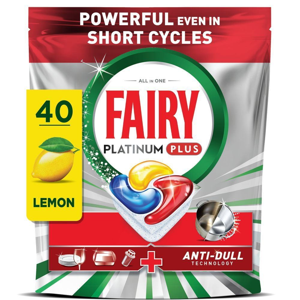 Fairy Platinum Plus Spülmaschinentabs Zitrone, 40 Stück, leistungsstark auch in Kurzprogrammen. Anti-Schleier Technologie sorgt für Glanz. [EN] Fairy Platinum Plus Lemon dishwasher pods, 40 count, powerful even on quick cycles.