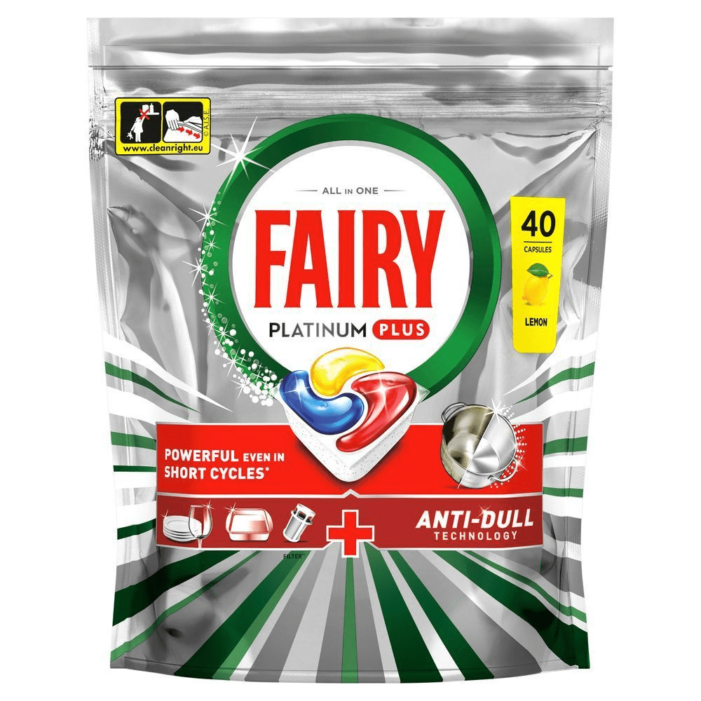 Fairy Platinum Plus All-in-One Spülmaschinentabs, 40 Stück, mit dem Hinweis Kraftvoll auch in kurzen Spülgängen, Zitrone. [EN] Fairy Platinum Plus All In One dishwasher capsules, 40 count, with powerful cleaning even in short cycles. [DA] Fairy Platinum Plus opvasketabs, 40 stk, med citrons duft, og mærket Powerful even in short cycles. [SV] Fairy Platinum Plus diskmaskinstabletter, 40 kapslar, med texten Kraftfull även i korta program och Anti-Dull Technology. [FI] Fairy Platinum Plus -astianpesukapselit, 40 kappaleen pakkaus, jonka päällä maininta Tehokas jopa lyhyissä ohjelmissa ja Anti-Dull -teknologia.