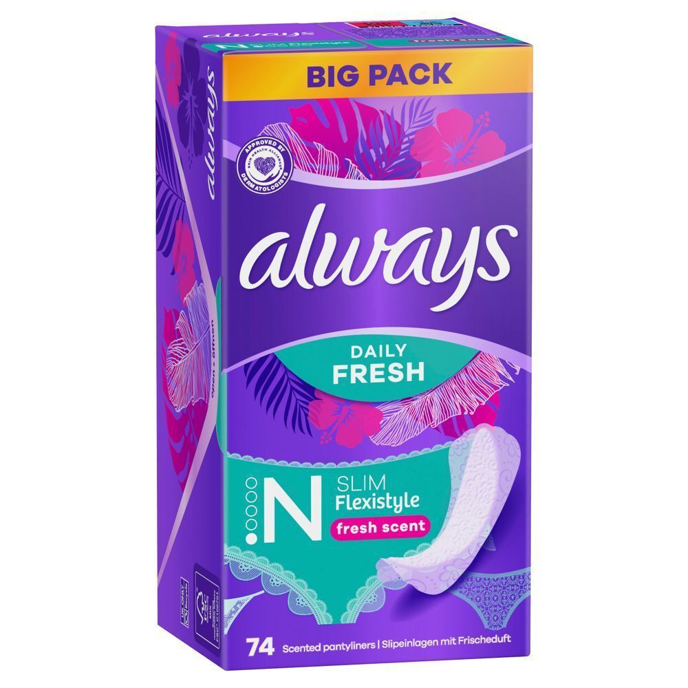 Always Daily Fresh Slipeinlagen im Großpack, Slim Flexistyle mit Frischeduft, 74 Stück.;