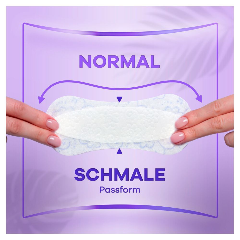 Die "normale, schmale Passform" der Always Slipeinlage wird durch Pfeile und Hände hervorgehoben.