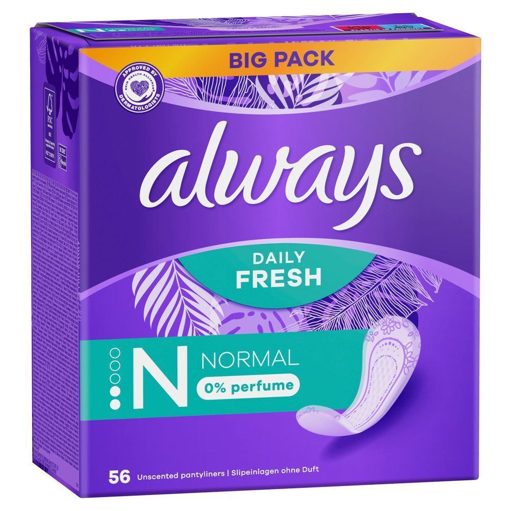 Always Daily Fresh Slipeinlagen, Normal, 0% Parfüm, Big Pack mit 56 Stück.;