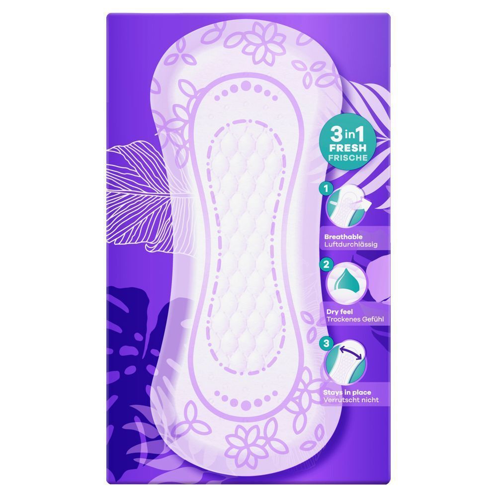 Always Daily  Slipeinlagen Normal Verpackung, die die verschiedenen Größen und Saugstärken von Fresh, Protect und Expert zeigt.;