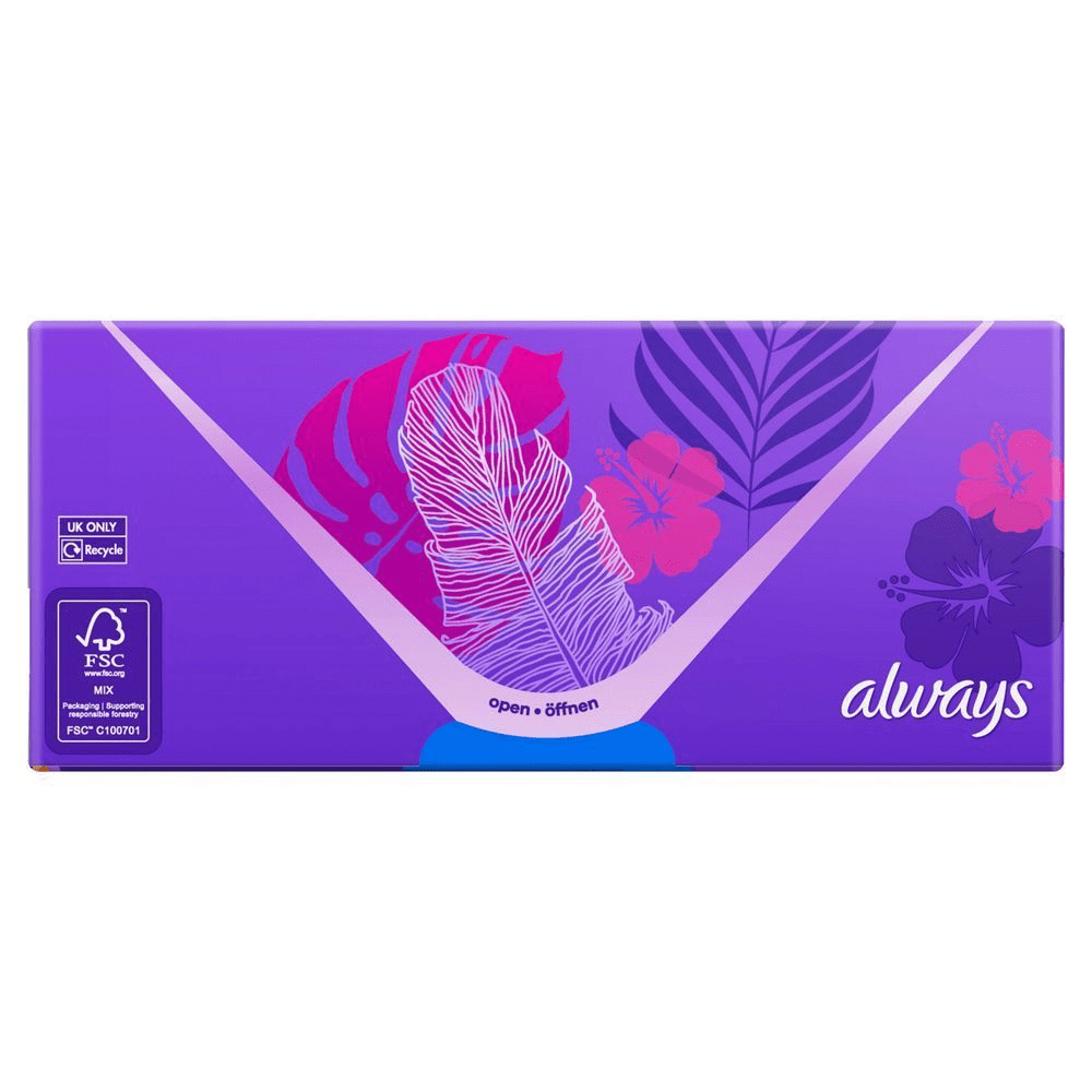Always Slipeinlagen Verpackung mit tropischem Design und der Aufschrift "open • öffnen". [HR] Always higijenski ulošci, pakiranje s ilustracijama tropskog lišća i cvijeća te oznakom "open • öffnen". [CS] Always hygienické vložky v balení s tropickým designem a nápisem "open öffnen" (otevřít). [HU] Always termékek csomagolása, kiemelve a "nyitott" feliratot és a trópusi virágmintát. [SK] Always vložky s obalom zdobeným tropickými kvetmi a lístím, s označením "open • öffnen". [SL] Always higienski vložki, embalaža z motivom tropskih rastlin in napisom "open • öffnen".;