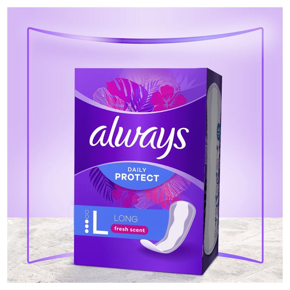 Always Daily Protect Long Slipeinlagen mit frischem Duft [CS] Always Daily Protect Long vložky s vůní svěžesti pro každodenní ochranu a pocit čistoty. [HU] Always Daily Protect betét csomagolása, kiemelve a hosszantartó friss illatot és a megbízható védelmet a mindennapokra.;