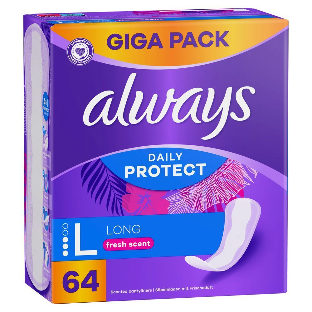 Always Daily Protect Long Slipeinlagen, Giga Pack mit 64 Stück, mit Frischeduft [HR] Always Daily Protect ulošci, giga pakiranje sa 64 komada, dugi (long) i svježeg mirisa. [CS] Always Daily Protect slipové vložky, balení GIGA PACK, velikost L, s vůní svěžesti a 64 kusy v balení. [HU] Always Daily Protect tisztasági betét, Giga Pack kiszerelés, friss illattal és bőrgyógyászok által jóváhagyva. [SK] Always Daily Protect slipové vložky, balenie Giga Pack so 64 kusmi, s dlhou dĺžkou a sviežou vôňou. [SL] Always Daily Protect vložki, giga pakiranje, z dolžino L in svežim vonjem.;