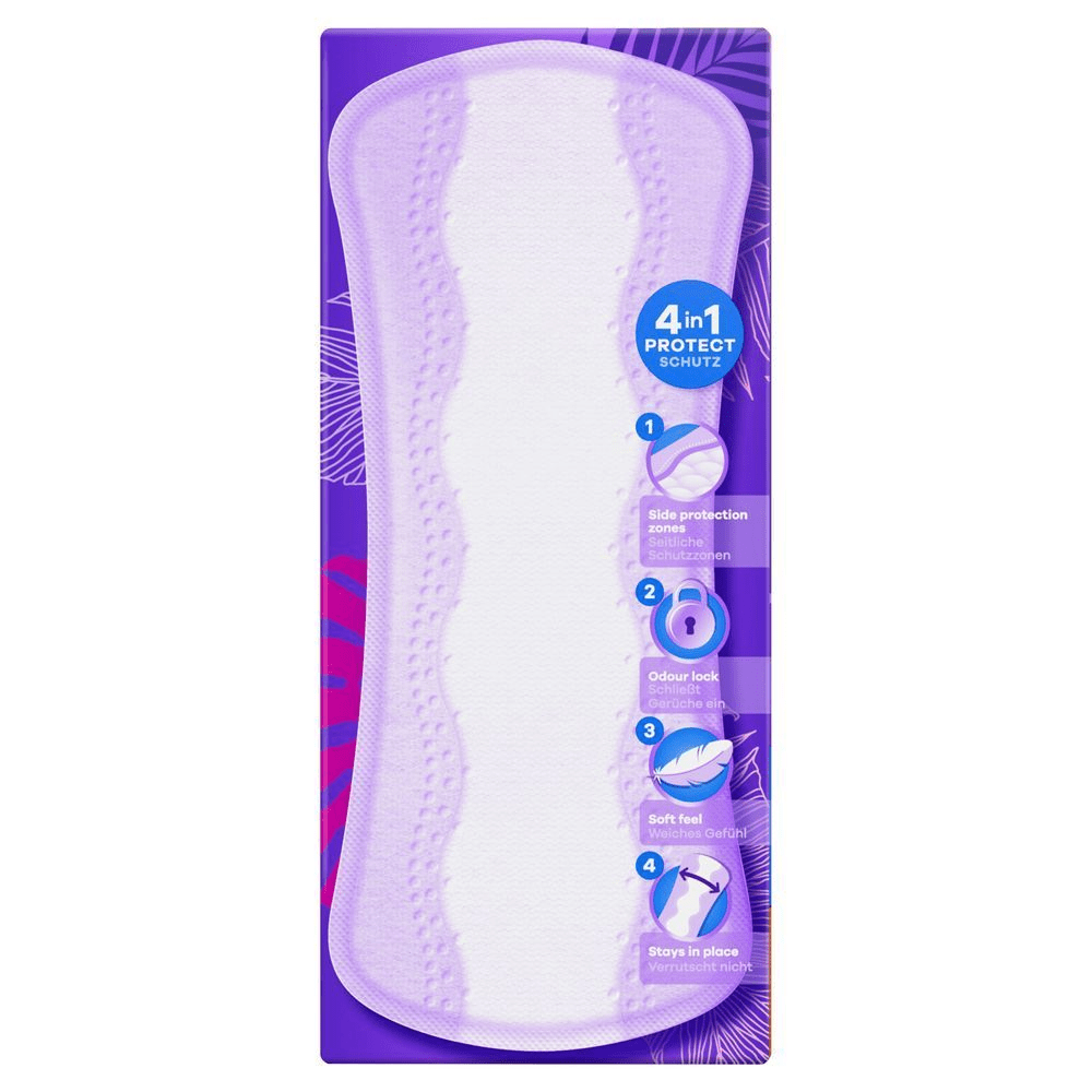 Always Slipeinlage Verpackung mit dem Hinweis auf 4-in-1 Schutz: Seitliche Schutzzonen, schließt Gerüche ein, weiches Gefühl und Verrutscht nicht. [HR] Always uložak, pakiranje s oznakom 4 u 1 zaštite: bočne zaštitne zone, zaključavanje mirisa, mekan osjećaj i ostaje na mjestu. [CS] Always vložky, balení zdůrazňující 4 v 1 ochranu: boční ochranné zóny, neutralizace zápachu, jemný pocit a zůstávají na místě. [HU] Always betét csomagolása, kiemelve a 4 az 1-ben védelmet: oldalsó védőzónák, szagzár, puha érzés, és a helyén marad. [SK] Always vložky s balením, ktoré zdôrazňuje 4 v 1 ochranu: bočné ochranné zóny, uzamknutie zápachu, jemný pocit a držanie na mieste. [SL] Always vložki, prikazani na embalaži s poudarkom na zaščiti 4 v 1: stranska zaščita, zapora vonjav, mehkoba in ohranjanje na mestu.;
