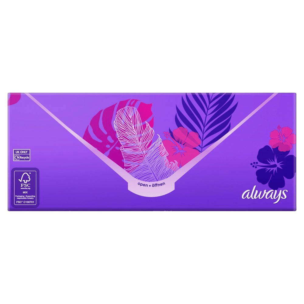 Always Slipeinlagen Verpackung mit tropischem Design und dem Hinweis open • öffnen. [HR] Always higijenski ulošci, pakiranje s motivom tropskog cvijeća i natpisom open • öffnen. [CS] Always hygienické vložky, balení s tropickým designem a nápisem open öffnen pro snadné otevírání. [HU] Always termékek csomagolása lila színben, trópusi virágokkal és levelekkel díszítve, az open • öffnen felirattal a nyitási ponton.