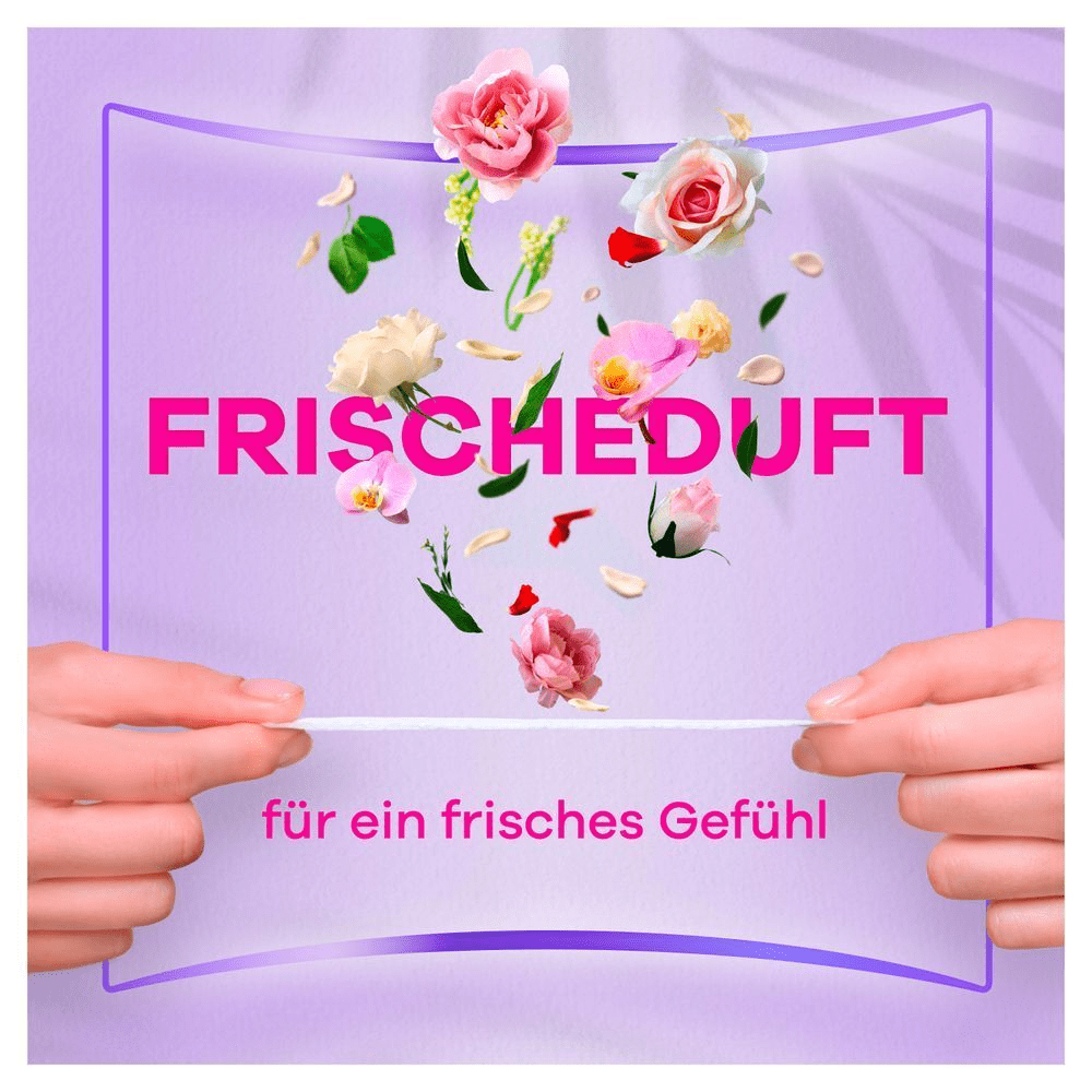 Always Slipeinlage, die zwischen den Fingern gehalten wird, mit dem Versprechen von "Frischeduft für ein frisches Gefühl", umgeben von Blumen.