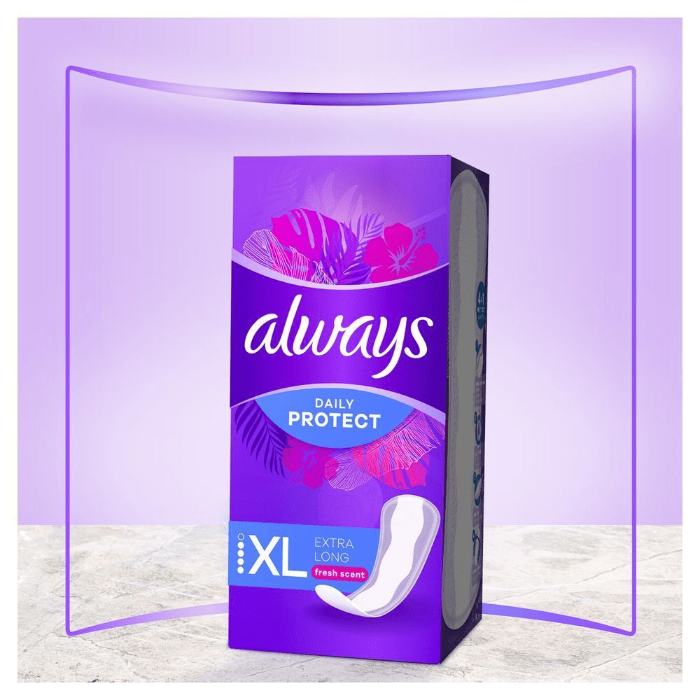 Always Daily Protect Slipeinlagen XL Extra Long mit Frischeduft für zusätzlichen Schutz und Komfort. [HR] Always Daily Protect ulošci, XL, extra dugi, svježeg mirisa, za svakodnevnu zaštitu. [CS] Balení Always Daily Protect XL v designu s tropickými motivy a vůní svěžesti. [HU] Always Daily Protect XL betétek csomagolása, kiemelve az extra hosszú és friss illatú tulajdonságokat. [SK] Balenie Always Daily Protect XL v extra dlhej verzii so sviežou vôňou pre každodennú ochranu. [SL] Always Daily Protect XL vložki zagotavljajo dodatno dolžino in svežino za vsakodnevno zaščito.;