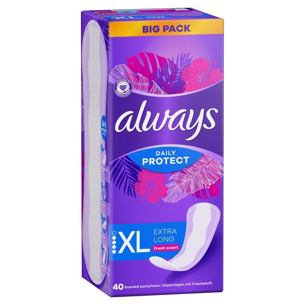 Always Daily Protect Extra Long Slipeinlagen, Big Pack mit 40 Stück, mit Frischeduft [HR] Always Daily Protect XL ulošci, veliko pakiranje, s oznakom Extra Long i svježim mirisom. [CS] Always Daily Protect slipové vložky ve velkém balení, extra dlouhé s jemnou vůní. [HU] Always Daily Protect XL betét, friss illattal, a csomagoláson kiemelve az Extra Long méret.