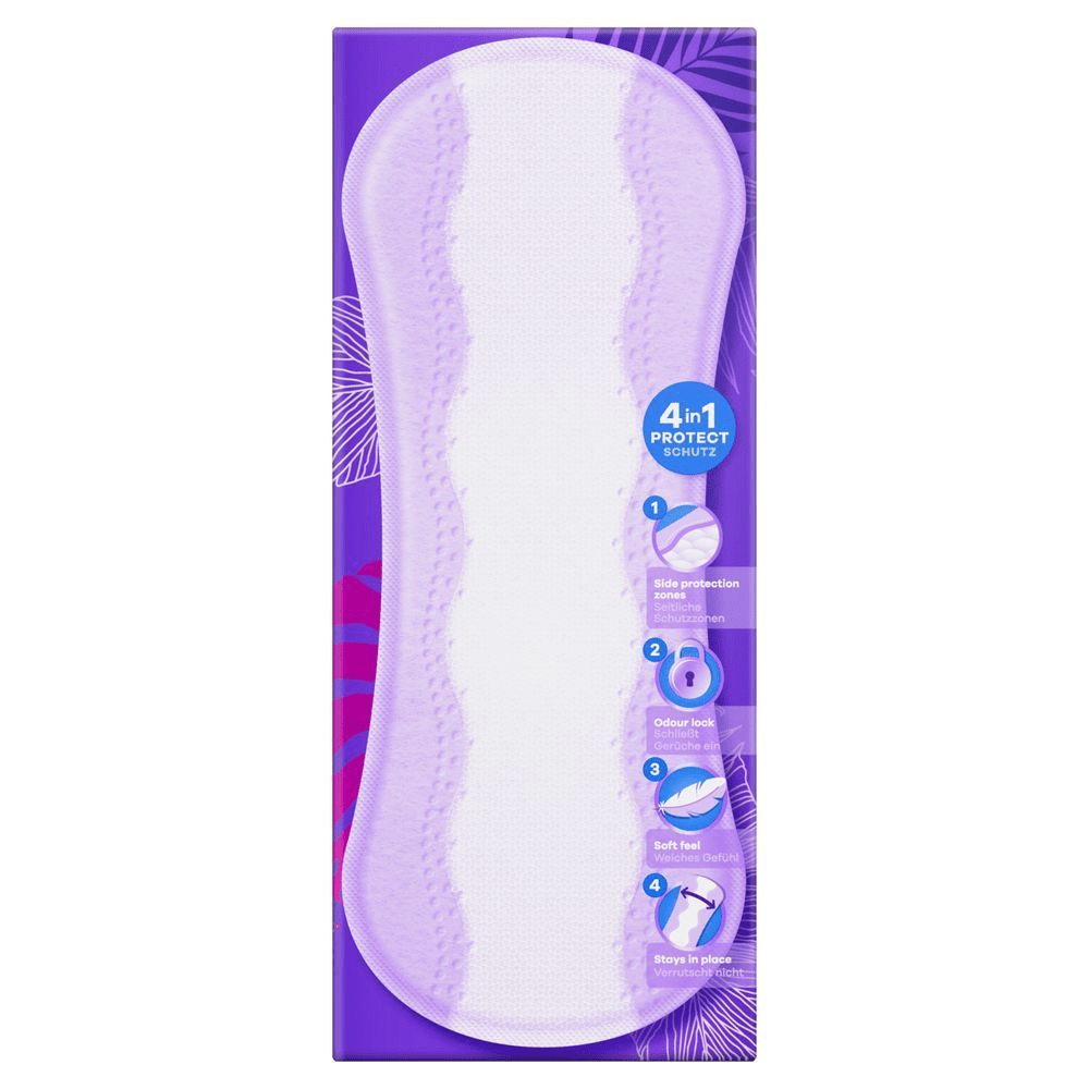 Always Slipeinlage Verpackung mit dem Hinweis auf 4-in-1 Schutz: Seitliche Schutzzonen, schließt Gerüche ein, weiches Gefühl und Verrutscht nicht. [HR] Always uložak, pakiranje naglašava 4-u-1 zaštitu: bočne zaštitne zone, kontrolu mirisa, mekani osjećaj i da ostaje na mjestu. [CS] Always vložky na obalu s označením 4v1 ochrany: boční ochranné zóny, neutralizace zápachu, jemný povrch a zůstává na místě. [HU] Always betét csomagolása, kiemelve a 4 az 1-ben védelmet nyújtó zónákat: oldalsó védelem, szagzár, puha érzés és helyén marad.