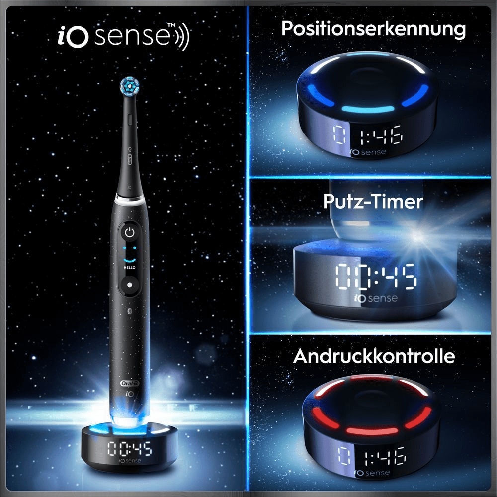 IO Sense ZahnbÃ¼rste mit Positionserkennung, Putz-Timer und Andruckkontrolle auf Ladestation.