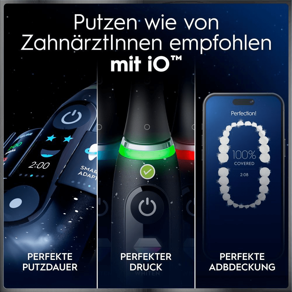 Oral-B iO zeigt perfekte Putzdauer, Druck & Abdeckung wie von ZahnärztInnen empfohlen.