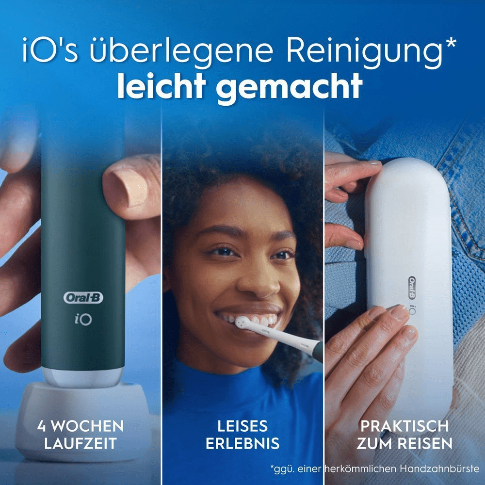 Oral-B iO Zahnbürste: überlegene Reinigung, 4 Wochen Laufzeit, leise, reisefreundlich.