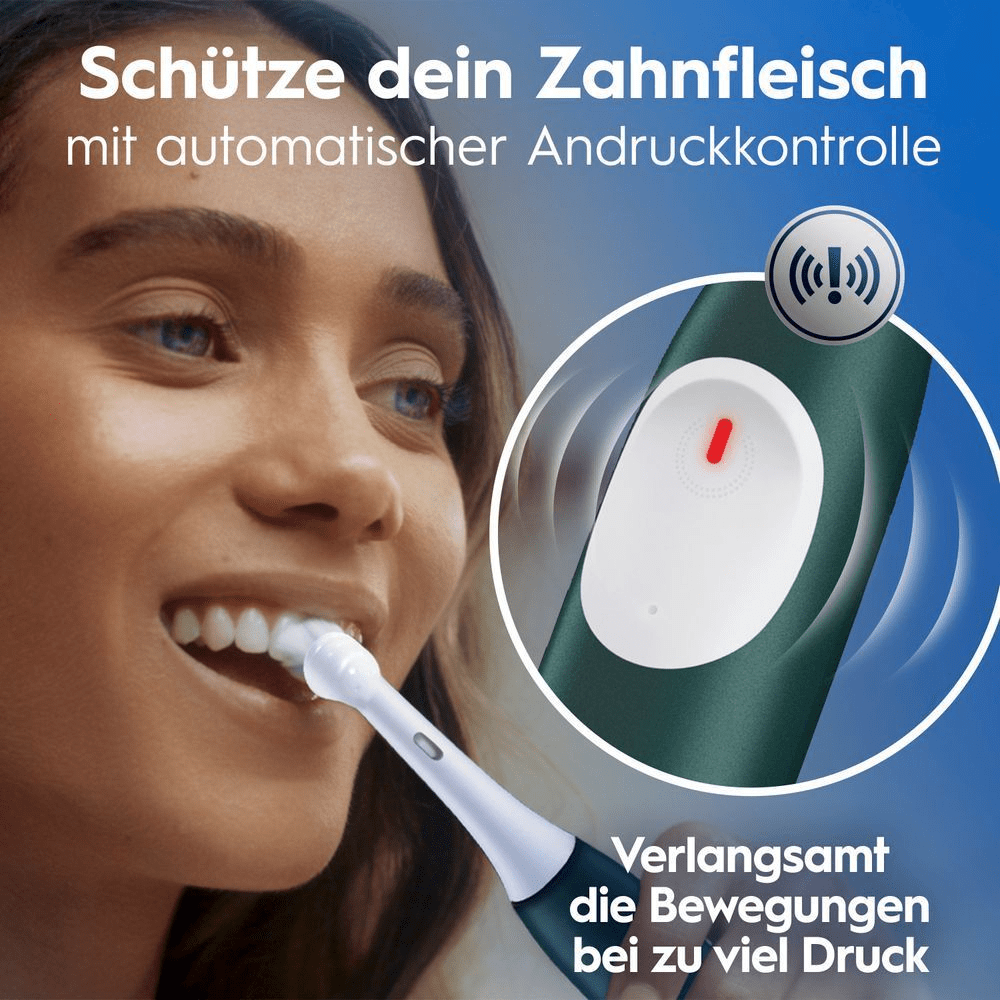 Zahnbürste mit Andruckkontrolle, die bei zu starkem Druck die Bewegungen automatisch verlangsamt