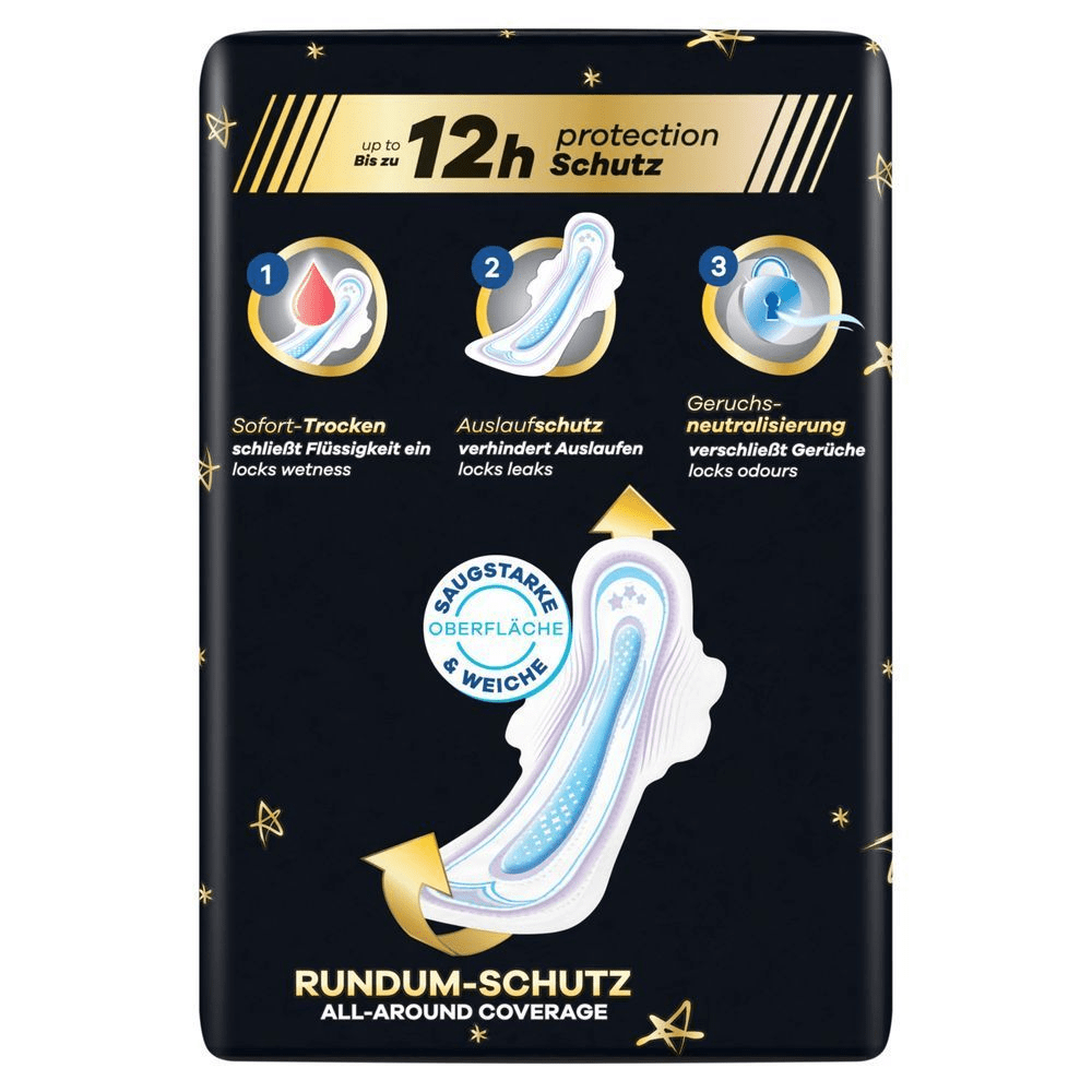 Always Ultra Secure Night Extra Binden Verpackungen, bis zu 12h Stunden Schutz, bis zu 12 Stunden Schutz, schließt Flüssigkeit ein, verhindert Auslaufen, schließt Gerüche ein, Rundum-Schutz;