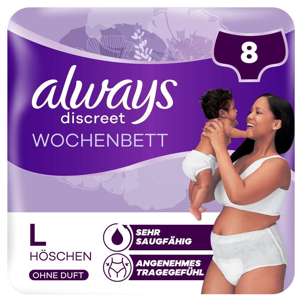 Always Discreet Wochenbett Höschen, Größe L, 8 Stück, ohne Duft, sehr saugfähig, angenehmes Tragegefühl