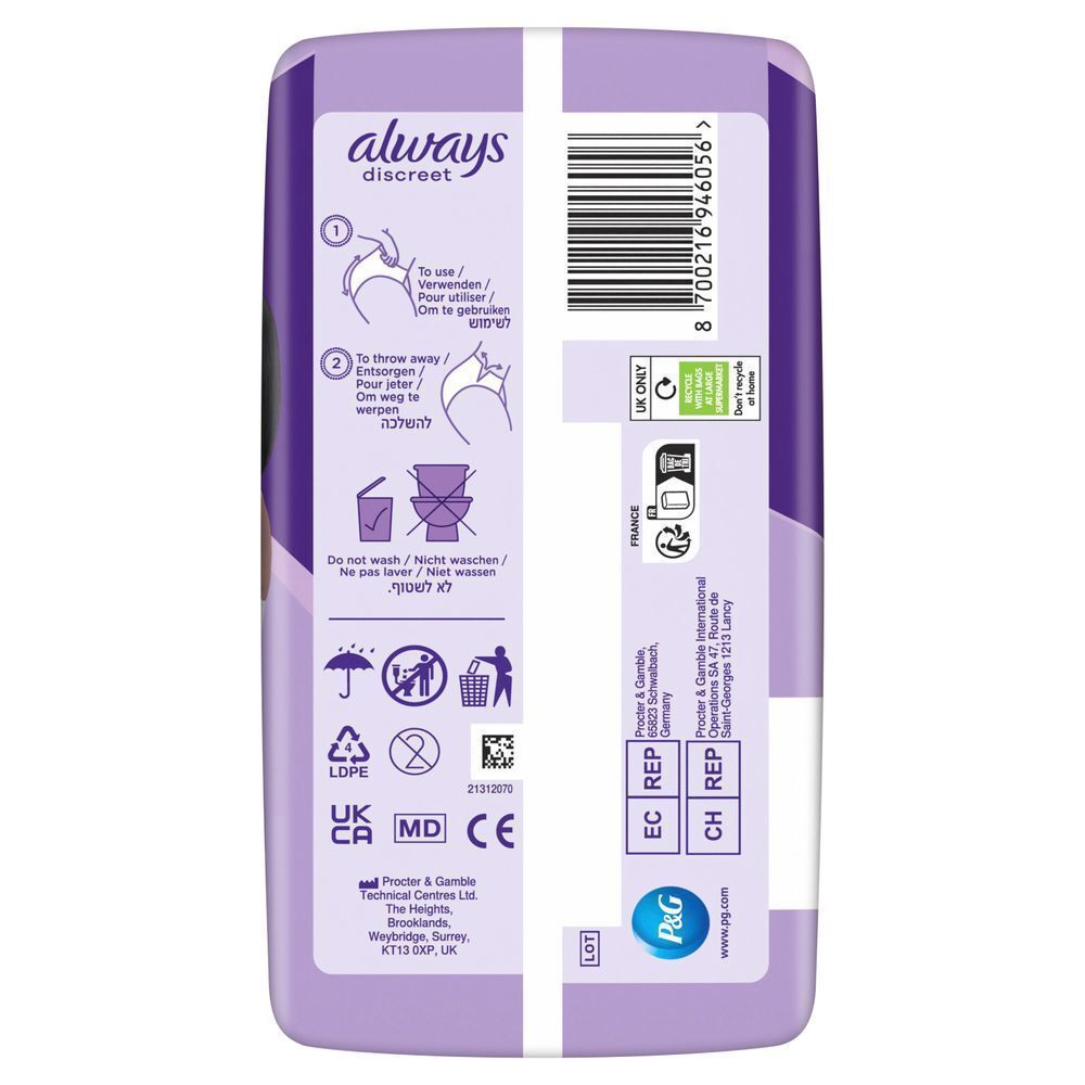 Always Discreet Wochenbett Höschen Verpackung mit Anweisungen zur Verwendung und Entsorgung aufgedruckt. [EN] Always Discreet packaging showing usage and disposal instructions in multiple languages.;