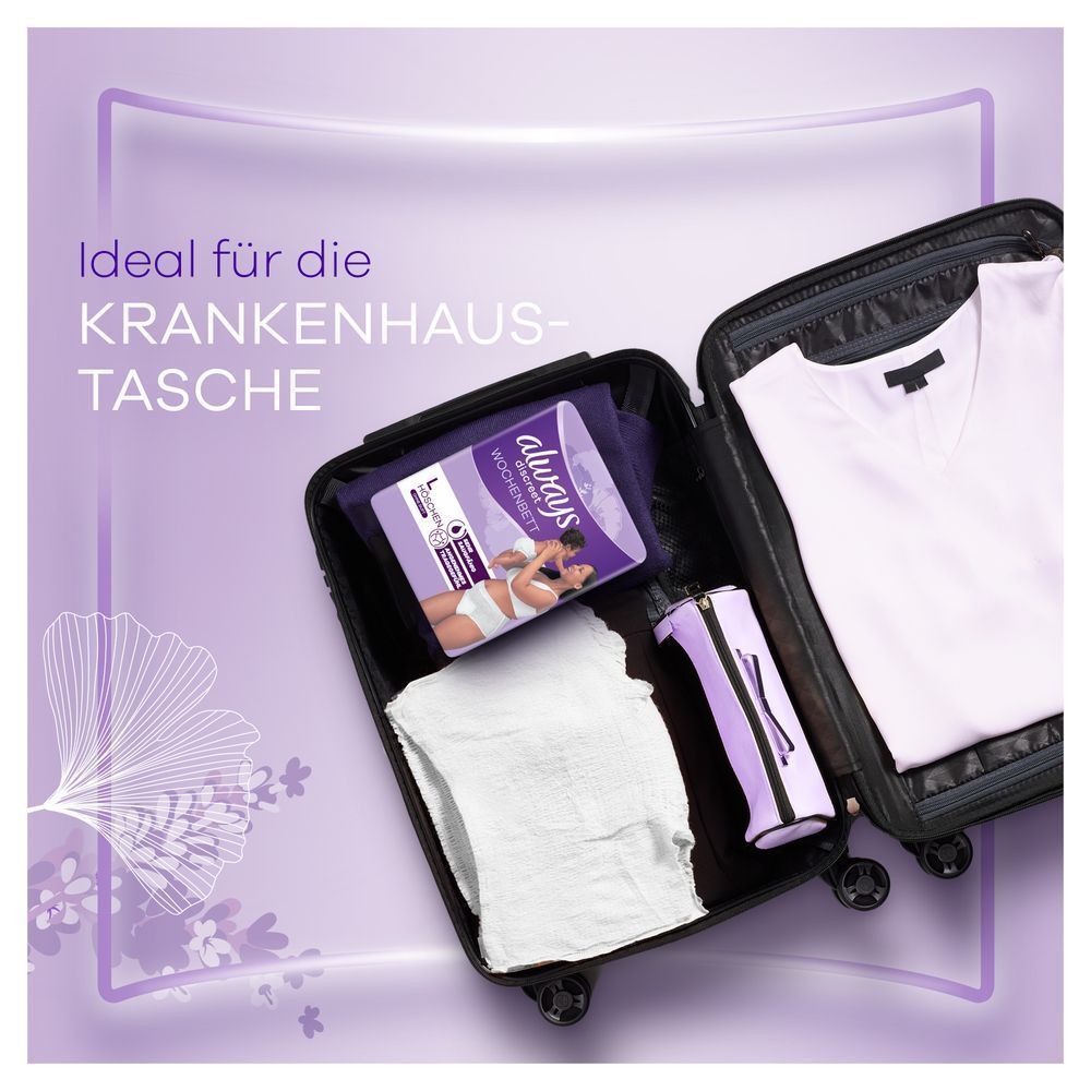 Always Discreet Wochenbett Höschen, ideal für die Krankenhaustasche, präsentiert in einem geöffneten Koffer mit Kleidung und einer Kulturtasche.