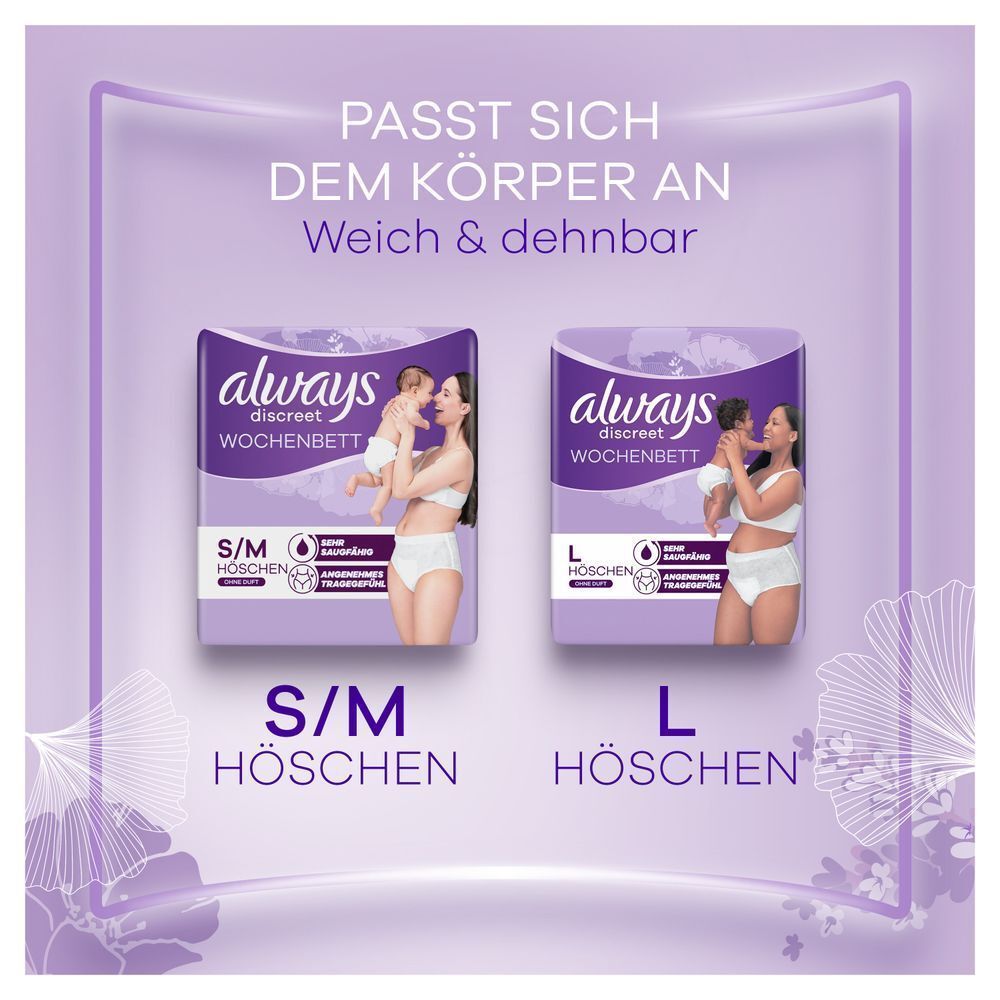 Always Discreet Wochenbett Höschen in den Größen S/M und L, die sich dem Körper anpassen, weich und dehnbar sind.