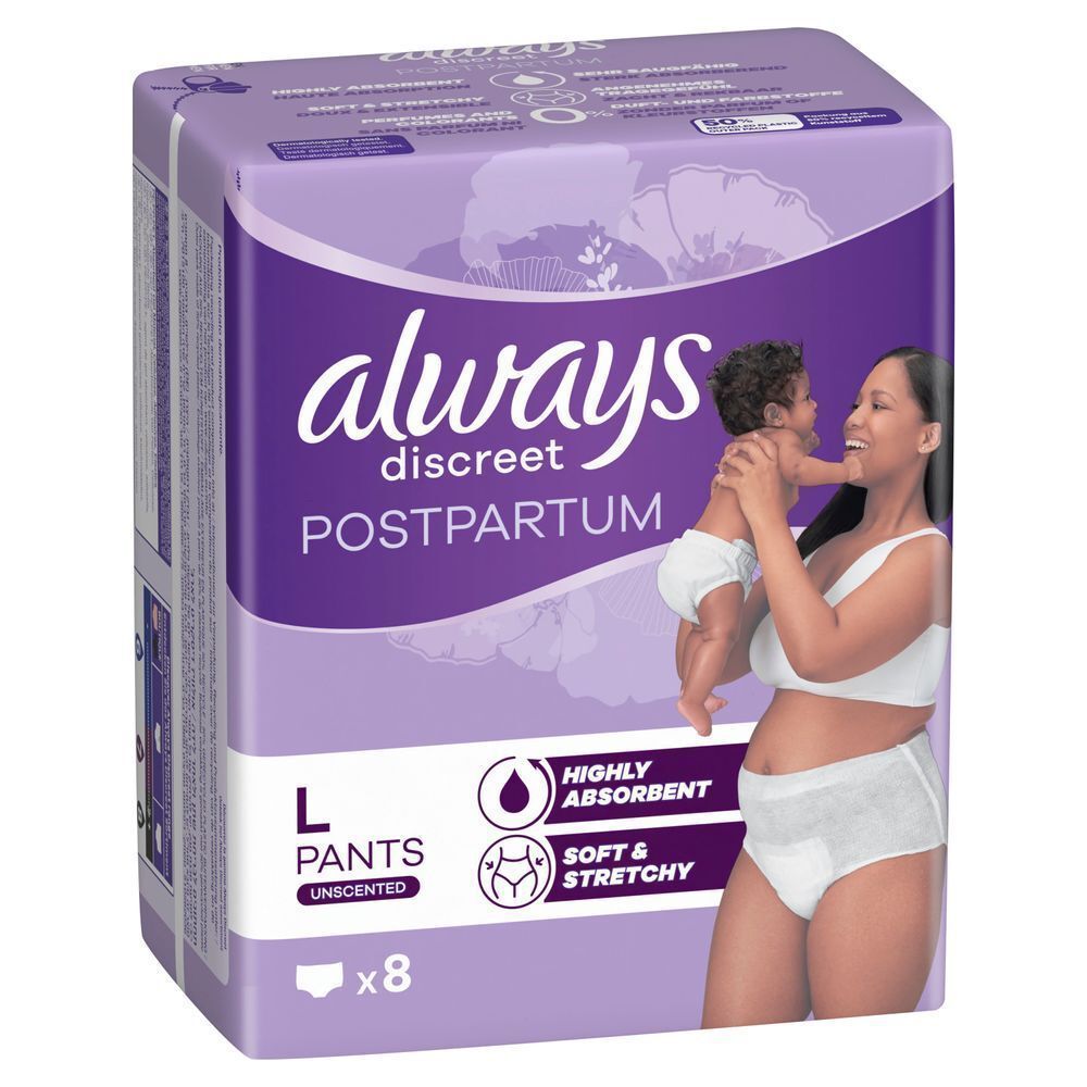 Always Discreet Wochenbett Höschen, Größe L, 8 Stück, sehr saugfähig, angenehmes Tragegefühl [EN] Always Discreet Postpartum L pants packaging, highlighting the claims "highly absorbent" and "soft & stretchy.";